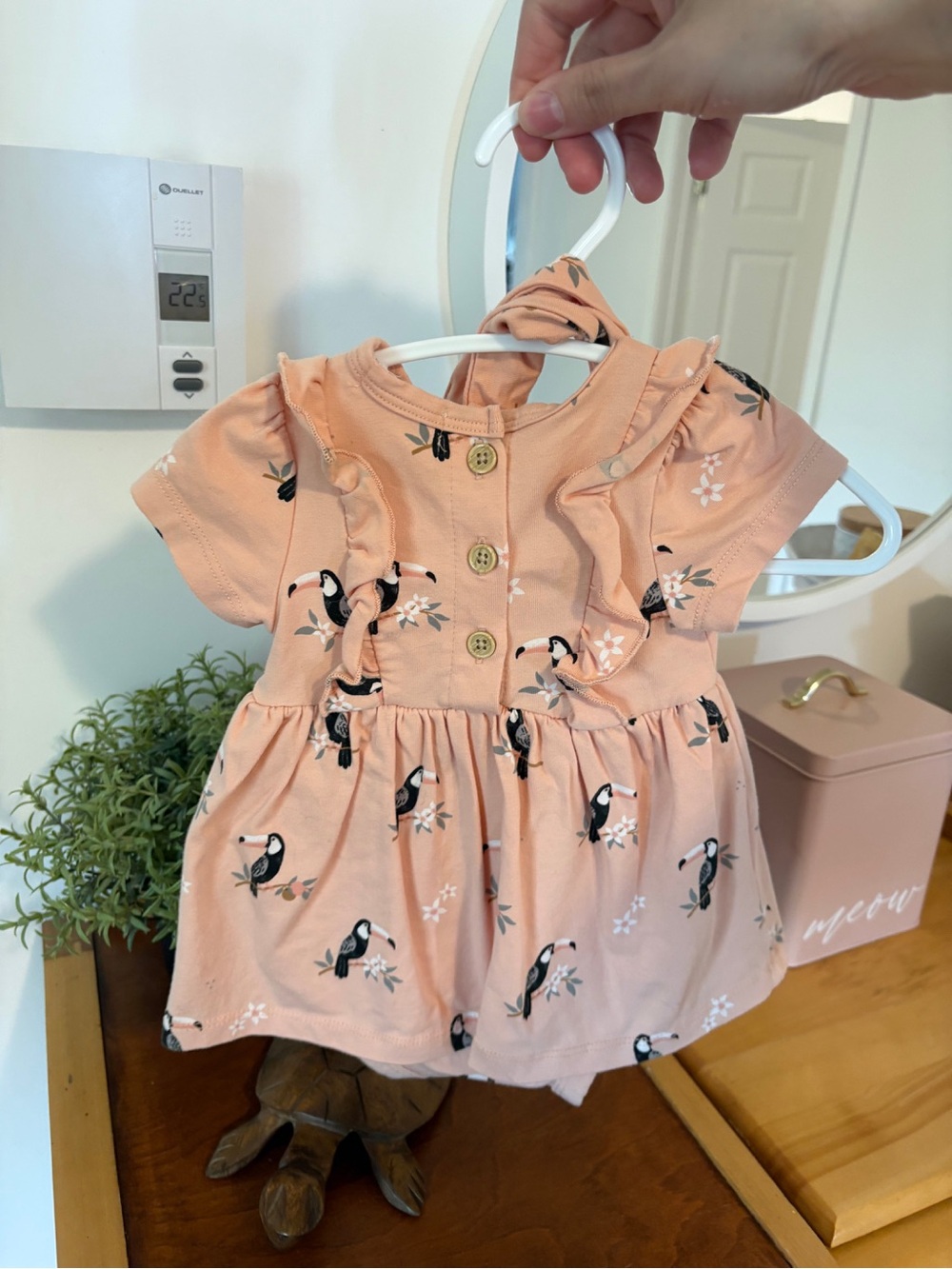 Petit Lem Peach Toucan Print Baby Dress with Headband - Picture 2 of 2